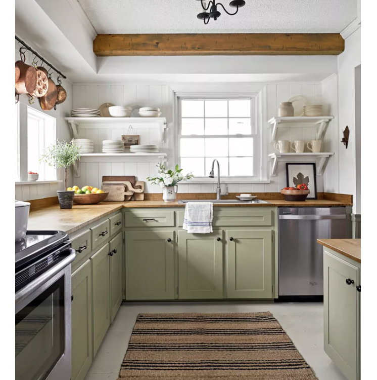 Spring nature-inspired colour palettes like Sage green can be incorporated into kitchen cabinets.